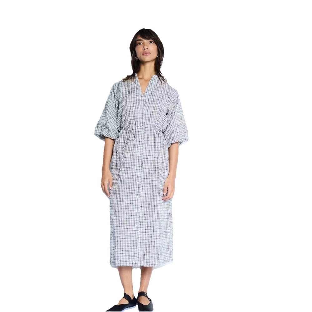 Ichi Ihhesmia Midi Shirt Dress Checked Puff Sleeve MSRP $74.95 Sz 4/6 No Belt